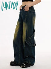 Lunivop Women’s Deconstructive Splicing Design Wide Leg Jeans Neutral Style High Waist Vintage